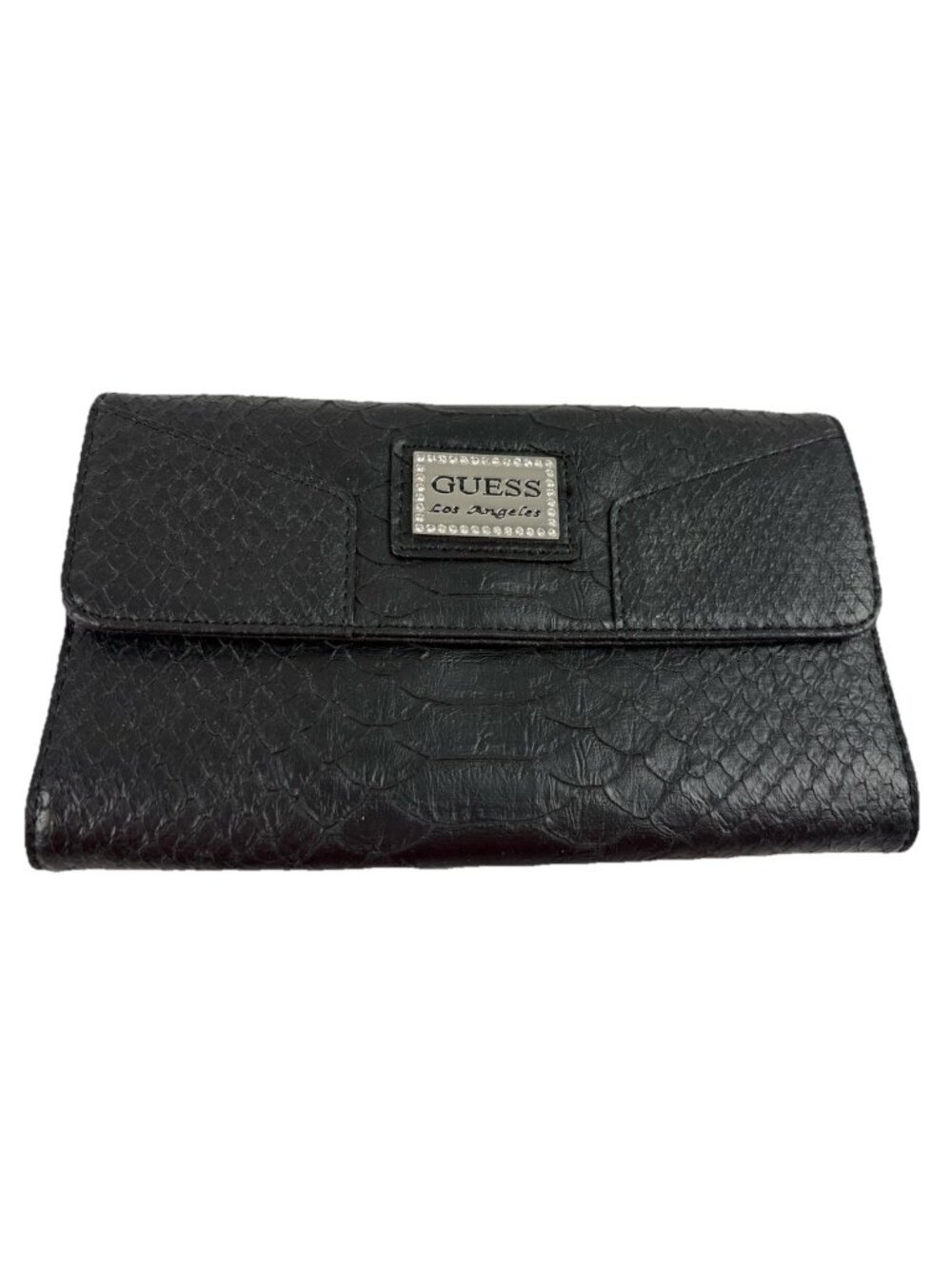 *Y2K GUESS Black Wallet Faux Snakeskin Texture Vintage Rhinestone Logo Plaque